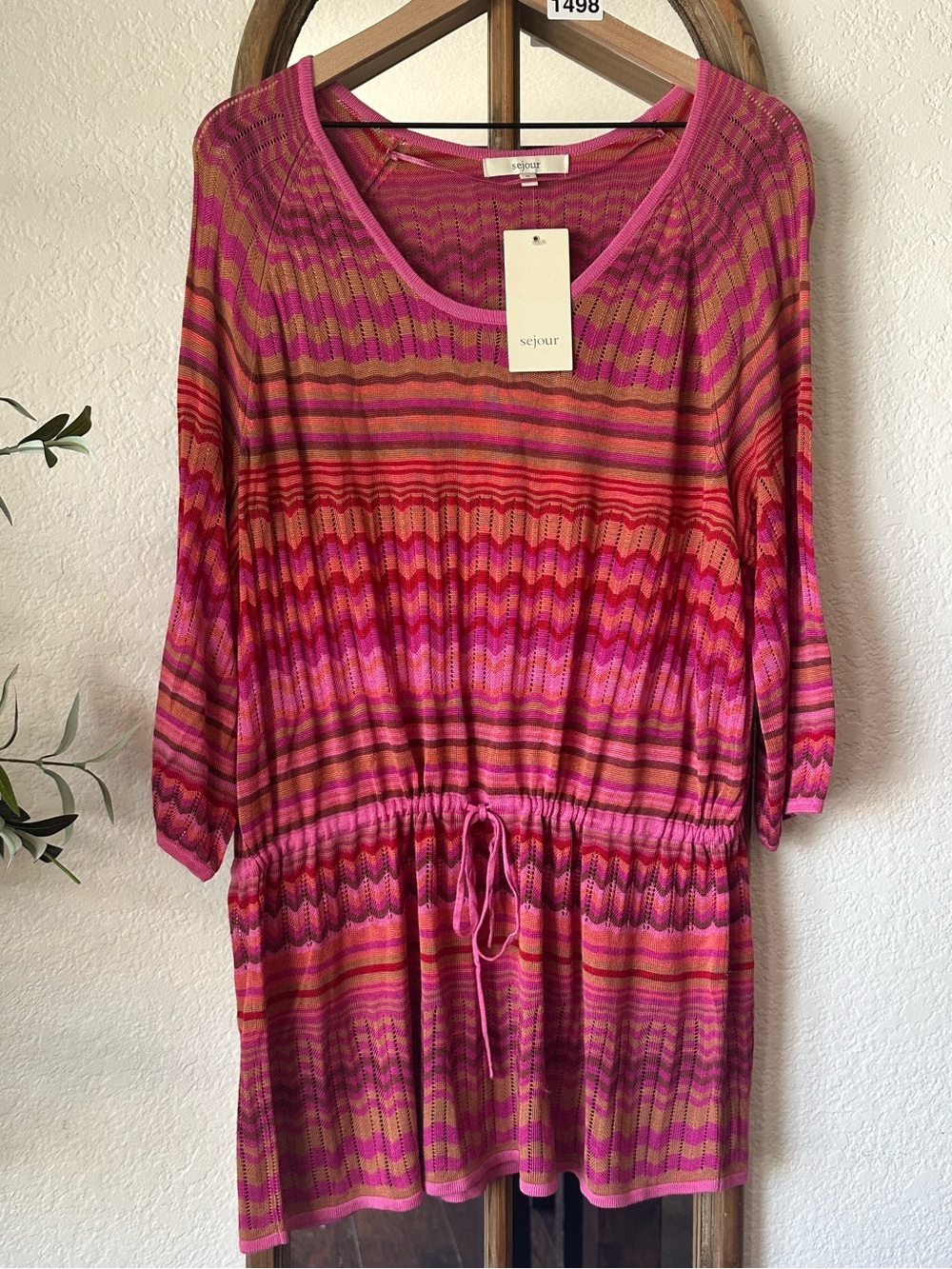 Sejour Pink Multicolor Chevron Knit Tunic Top Size 1X Boho Drawstring Waist NWT